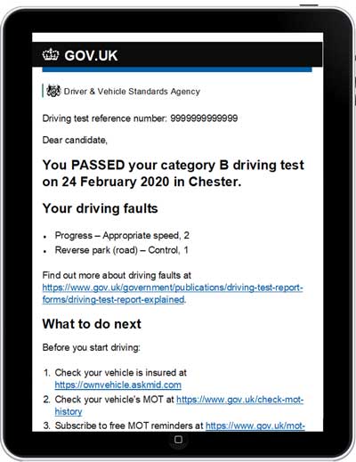 Driving test passed email
