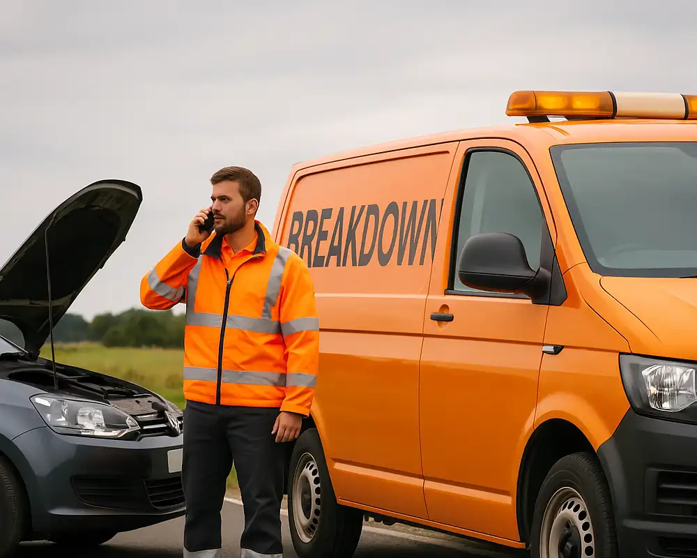 a Breakdown patrol man on the phone at the side of the road