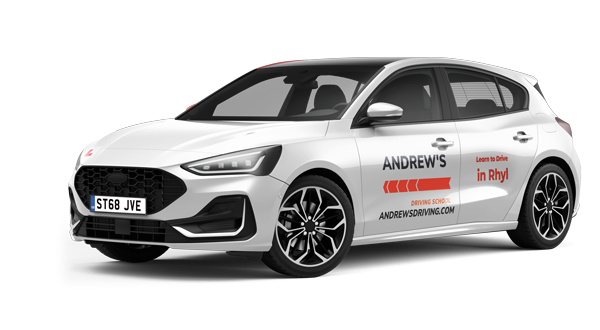 Rhyl-Car Andrew's Driving School car branded with 'Learn to drive in Rhyl' signage