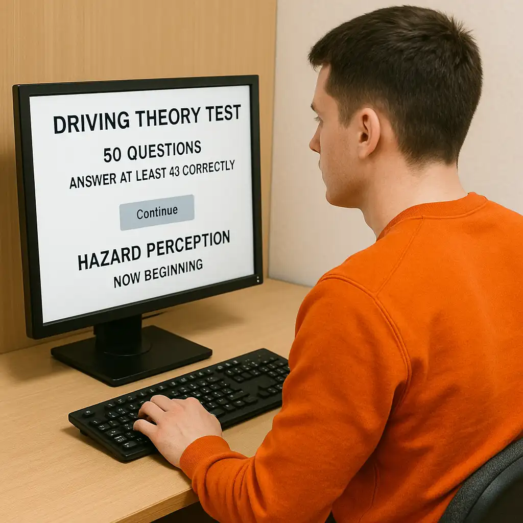 A learner doing the theory test on a computer