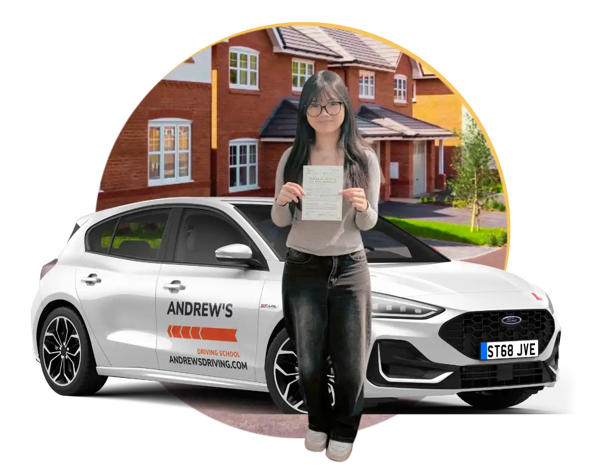 Ella Abergele Driving Ella Huang standing by driving school car in Abergele with her new driving test pass certificate