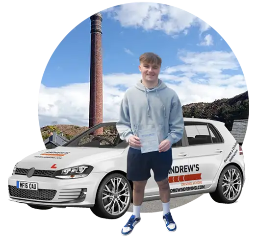 A proud driver in Holyhead after passing the driving test