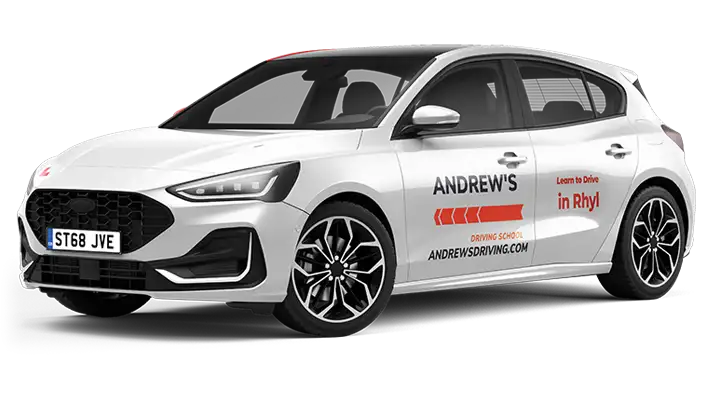 Rhyl Driving School Car White Ford Focus with Andrew's Driving School Rhyl branding