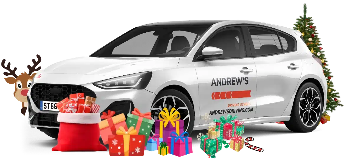 Andrew's Driving School learner car decorated with Christmas presents, a reindeer, and a holiday tree