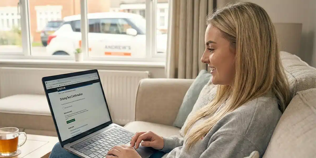 Learner driver smiling at laptop after booking test
