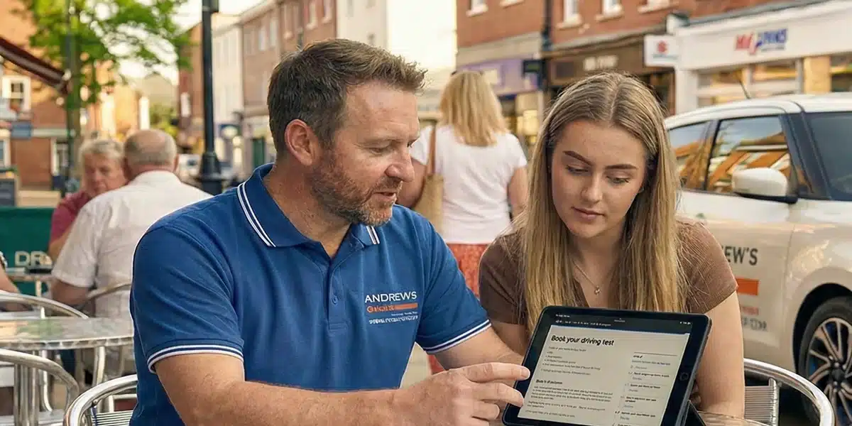 Driving Instructor booking a driving test with his pupil