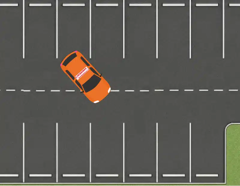 Top-down view showing the orange car angled diagonally as it begins reversing into the parking bay