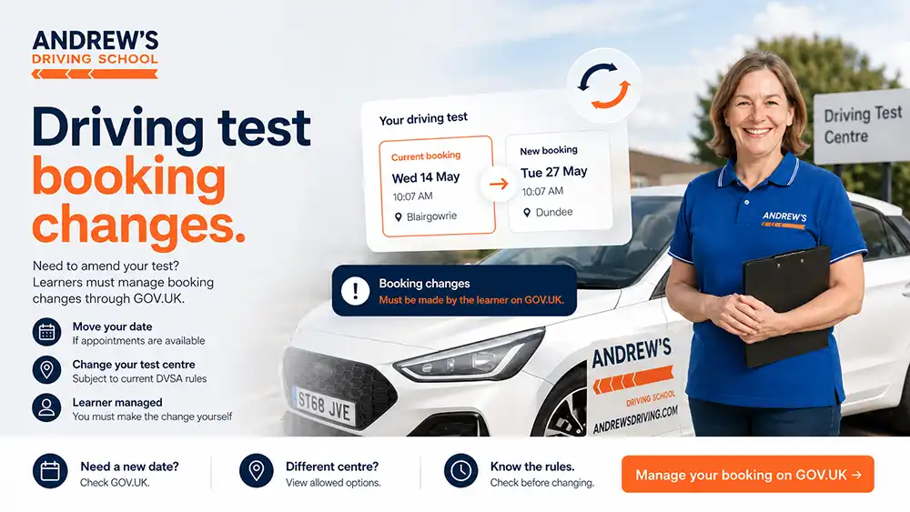 Andrew’s Driving School graphic explaining that learners must manage their own driving test booking changes through GOV.UK