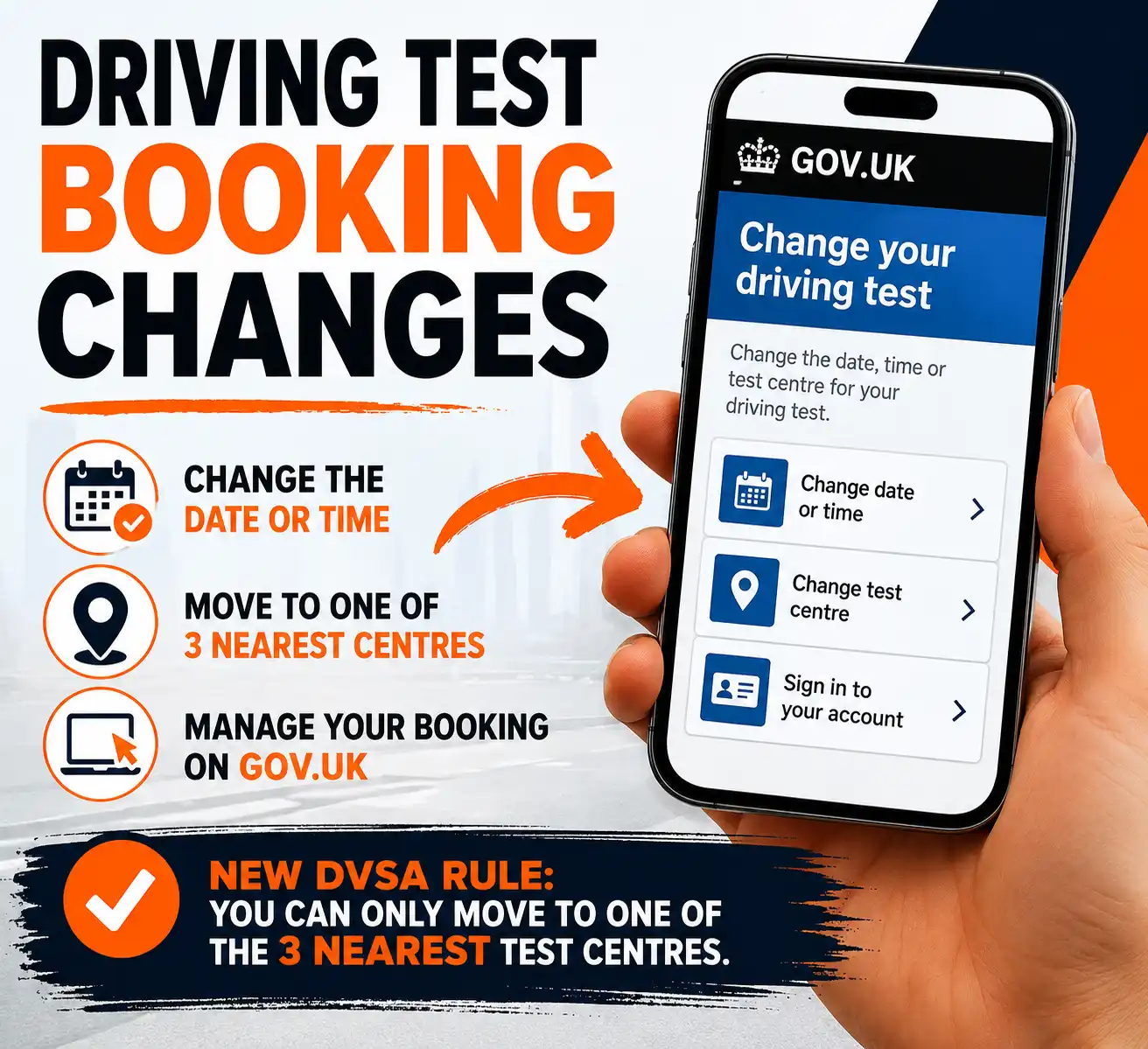 Driving test booking changes infographic explaining new DVSA rules for changing a driving test through GOV.UK