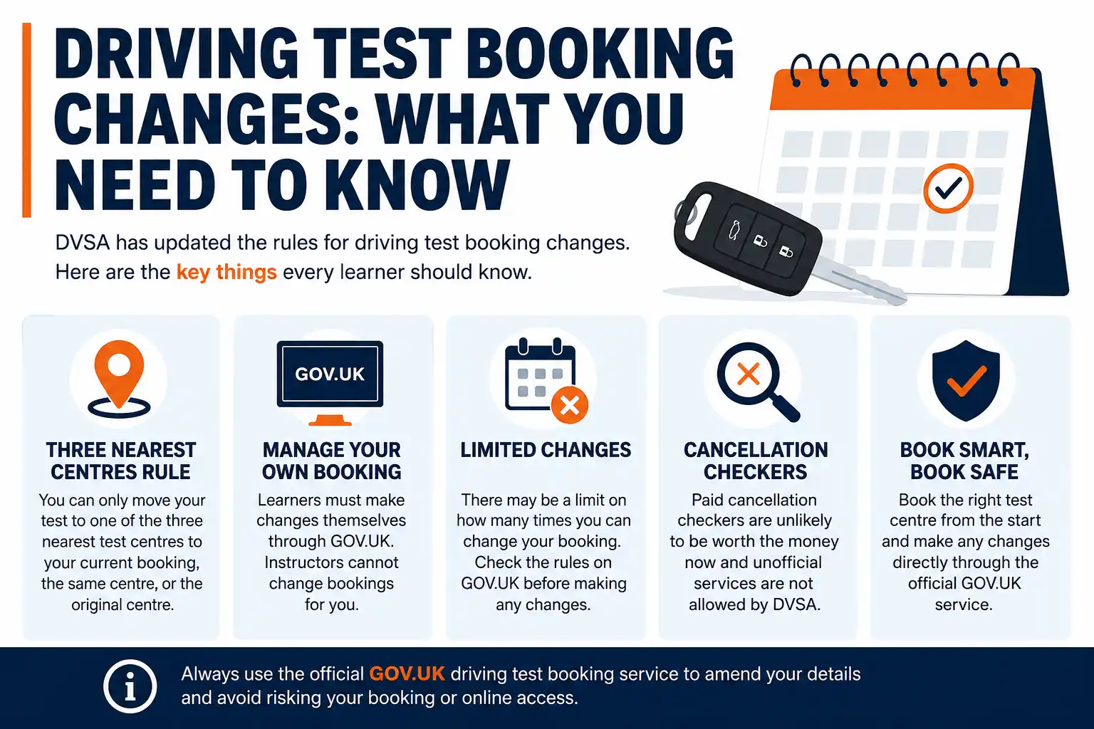 Driving test booking changes infographic explaining new DVSA rules for changing a driving test through GOV.UK