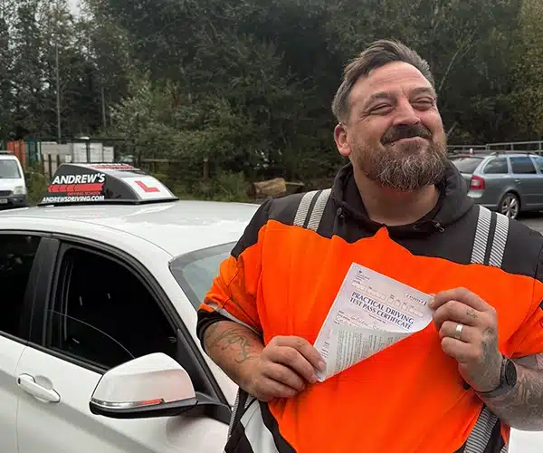 Gav Carpenter after passing his driving test in Bangor following lessons with Ben Vaughan-Jones.