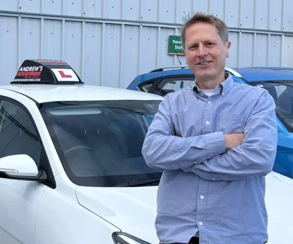 John Lee at Bangor Driving Test Centre after passing part 3 with Marcus Astle
